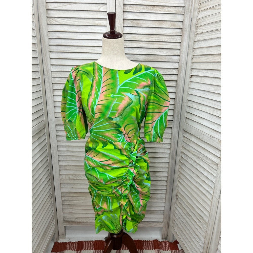 Farm Rio Lime Green ruched Mini Dress Size Medium Tropical Resort Coastal Boho